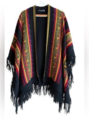 Alpaca Connection Alpaca Wool Ruana Wrap Peru Black Multicolor Unisex OS